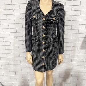 Derek Lam Collective Tweed Blazer Dress Gold Button Fringe V Neck Long Sleeve